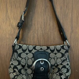 Coach Black & Khaki Signature Canvas Shoulder Bag with Buckle Accent